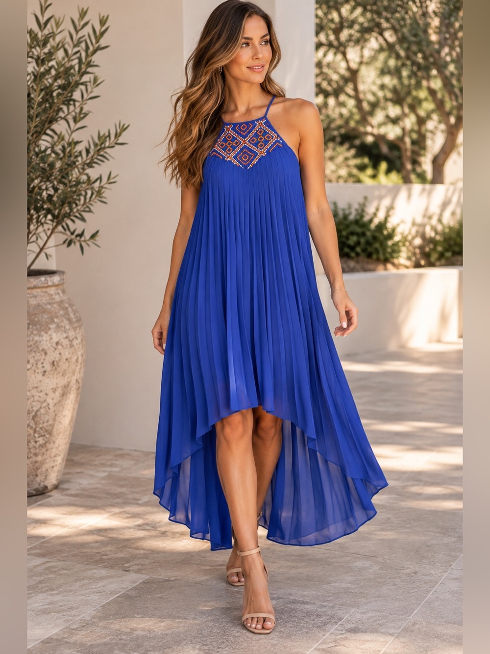 Arden B XS Cobalt Blue Beaded Pleated High Low Maxi Dress Y2K